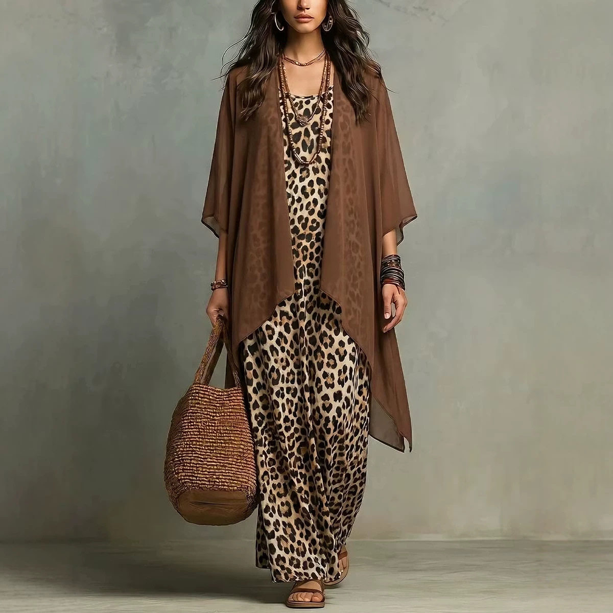 Summer Vacation Clothing Women - Gaun Tali Spaghetti Motif Macan Tutul