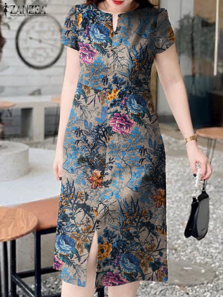 Sundress Midi Floral - Gaun Midi kerah V untuk wanita,
