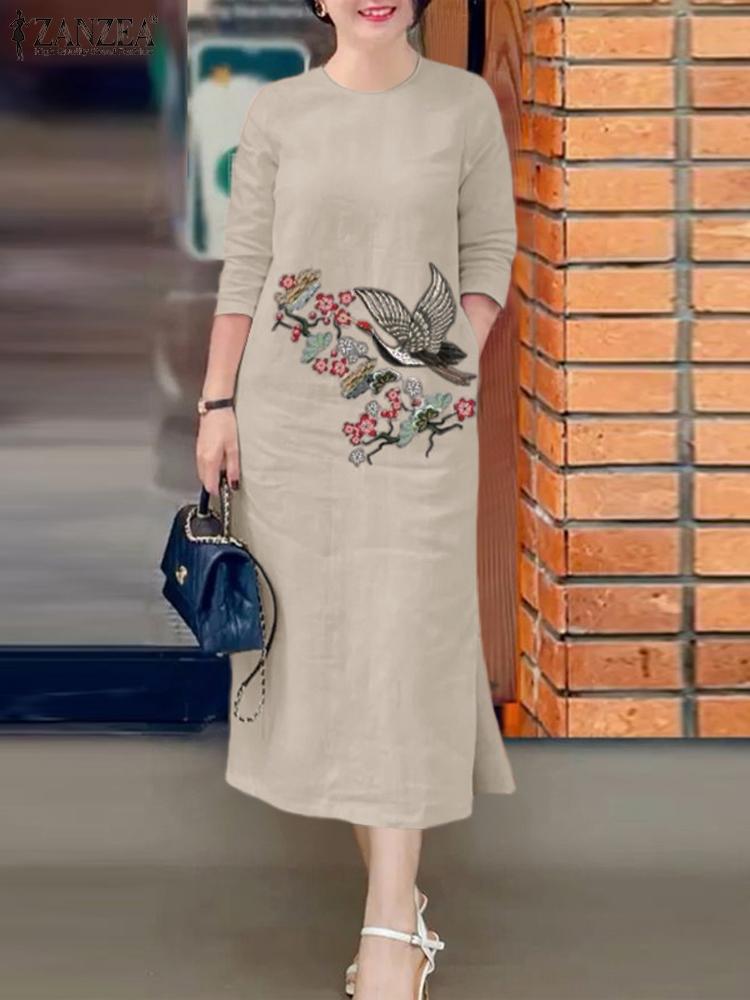 Sundress Midi Floral - ZANZEA Sundress bordir Vintage wanita, Gaun