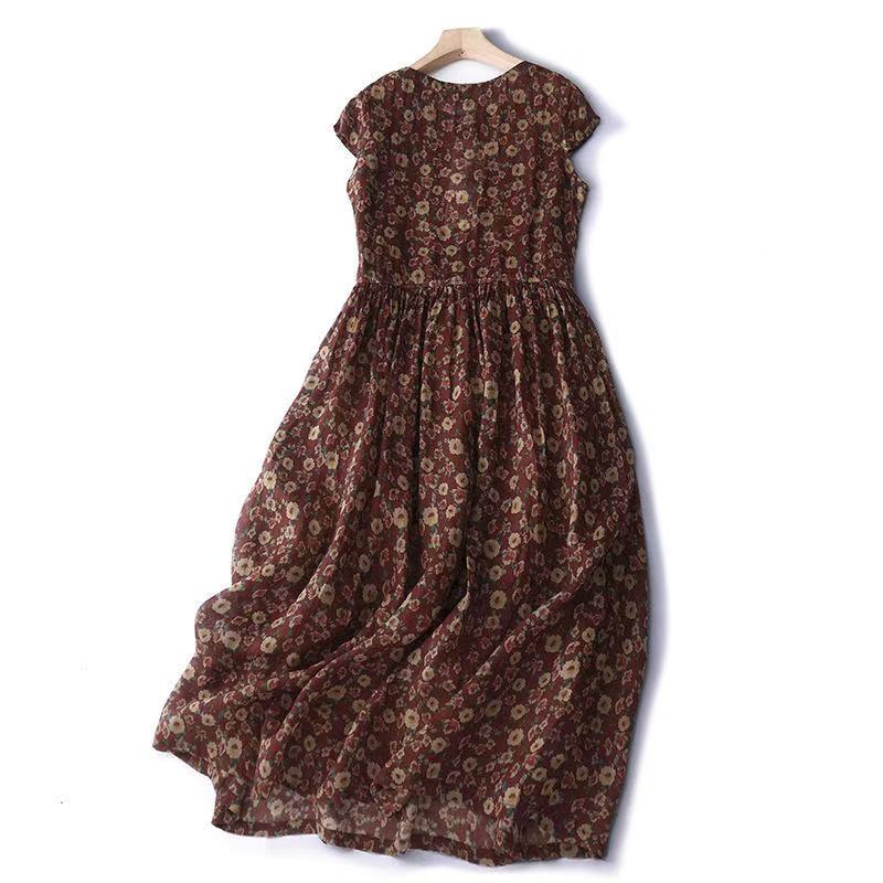 Sundress Midi Floral - Gaun Midi Peri Serut Lengan Pendek