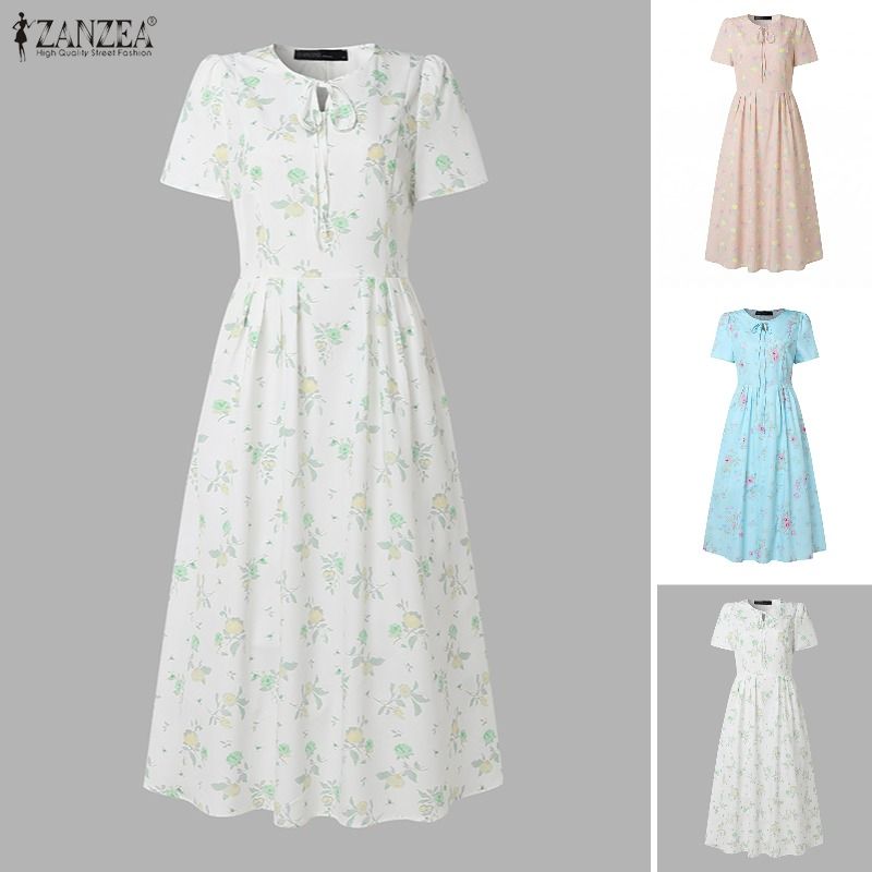 Sundress Midi Floral - ZANZEA Gaun Pantai Musim Panas Gaun