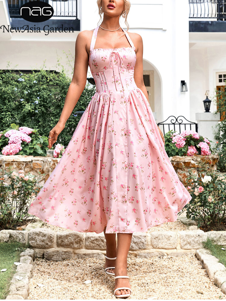 Gaun Midi Halter Bunga Pink Wa - Sundress Midi Floral ulasan dan harga