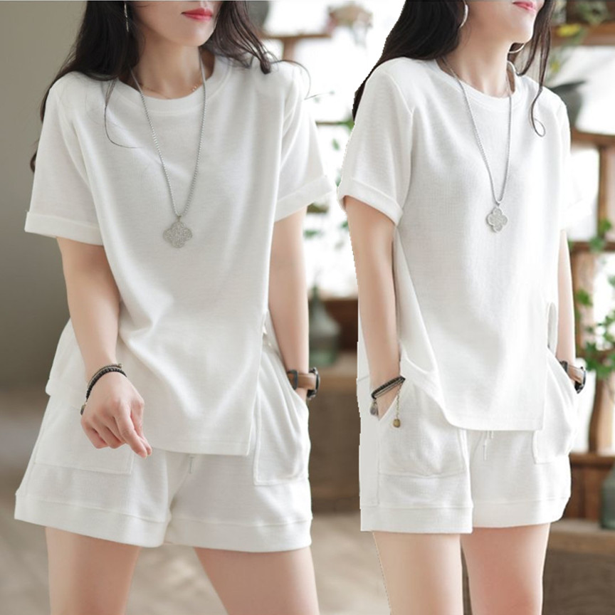 Setelan Dua Potong Katun Murni - Summer Clothing Affordable ulasan dan harga