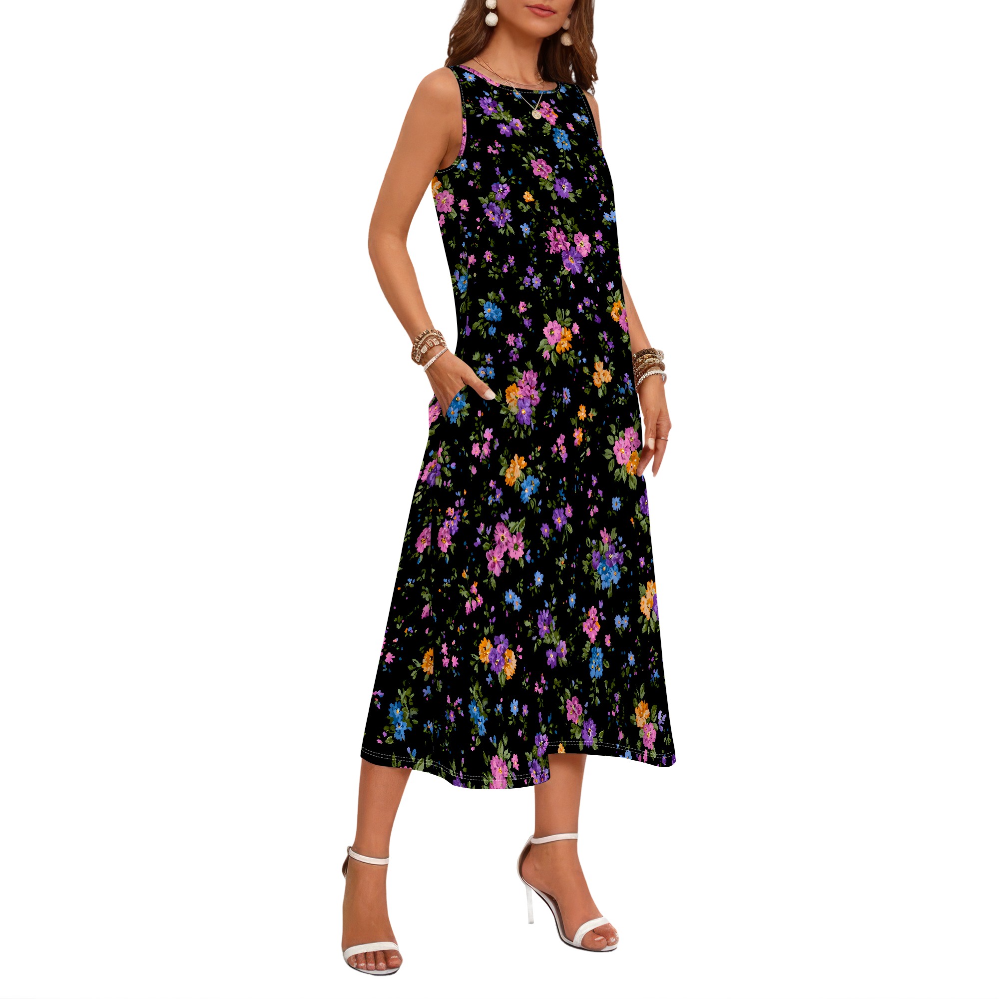 Gaun Tanpa Lengan Motif Bunga, - Sundress Midi Floral ulasan dan harga