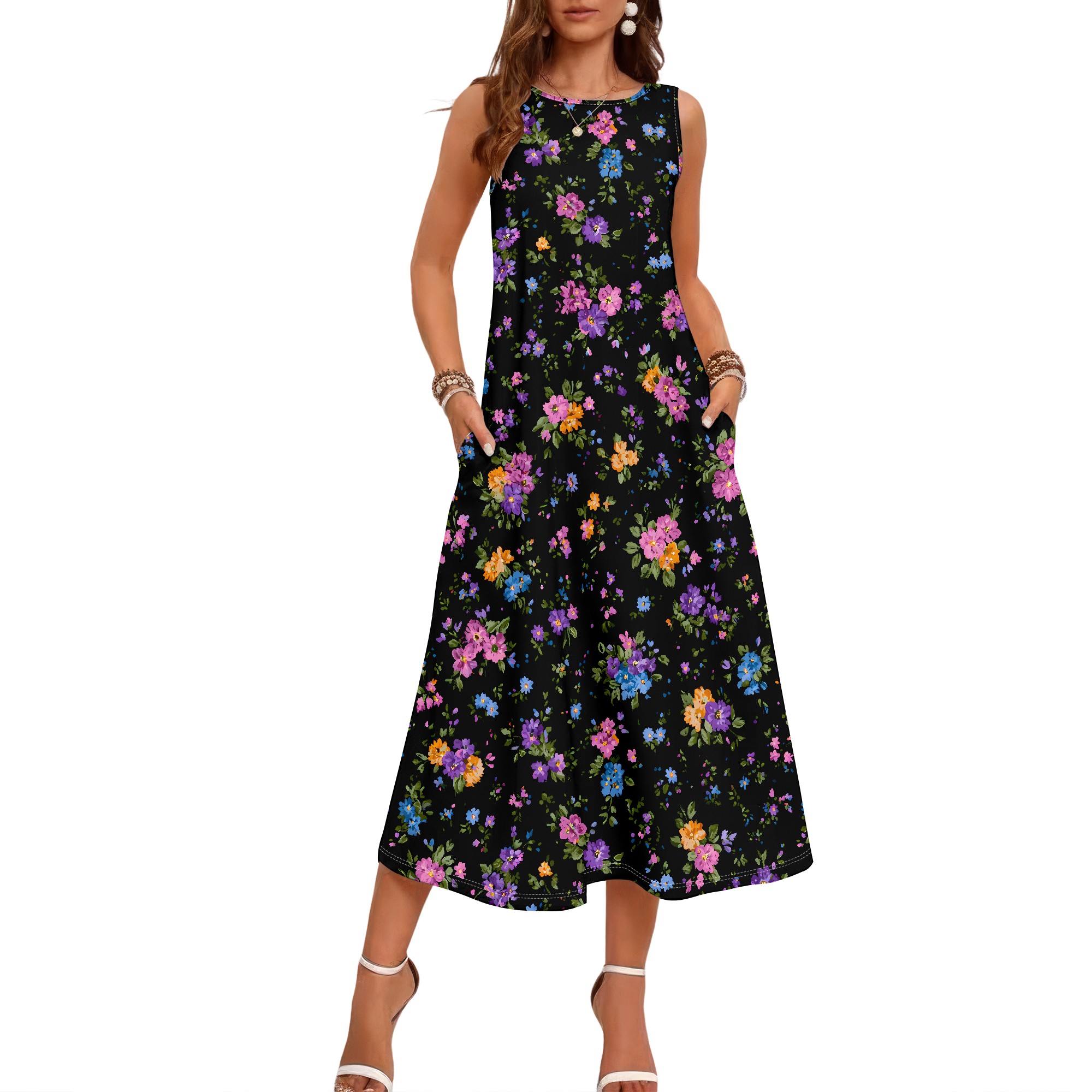 Gaun Tanpa Lengan Motif Bunga, - Sundress Midi Floral ulasan dan harga