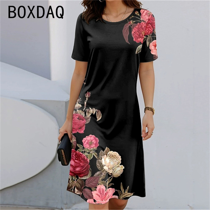 Gaun A-Line Motif Bunga Leher  - Sundress Midi Floral ulasan dan harga