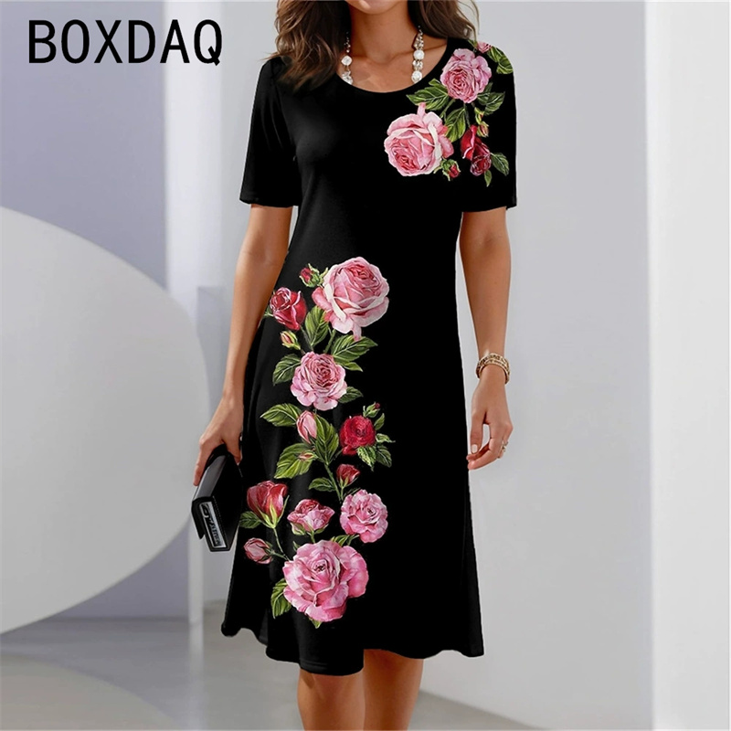 Gaun A-Line Motif Bunga Leher  - Sundress Midi Floral ulasan dan harga